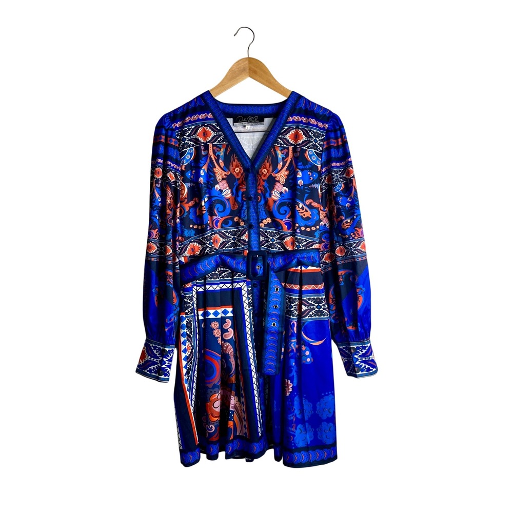 Dalia MacPhee Paisley Scarf Print Mini Shirt Dress Blue Orange Belted Sz L
